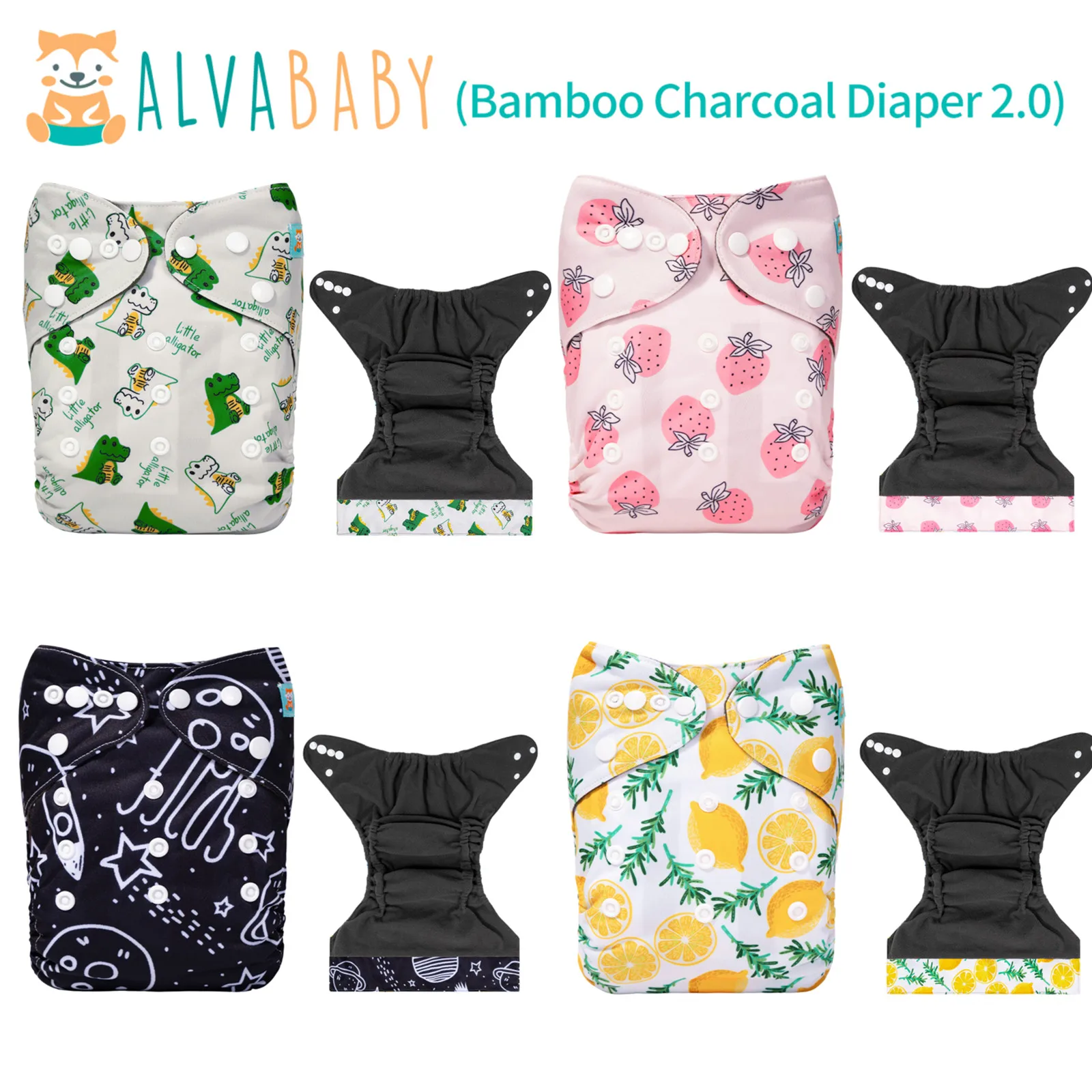 

ALVABABY 1pc Bamboo Charcoal Cloth Diaper Shell with Double Gussets and Tummy Panel Reusable Baby Cloth Nappy Fashion Design