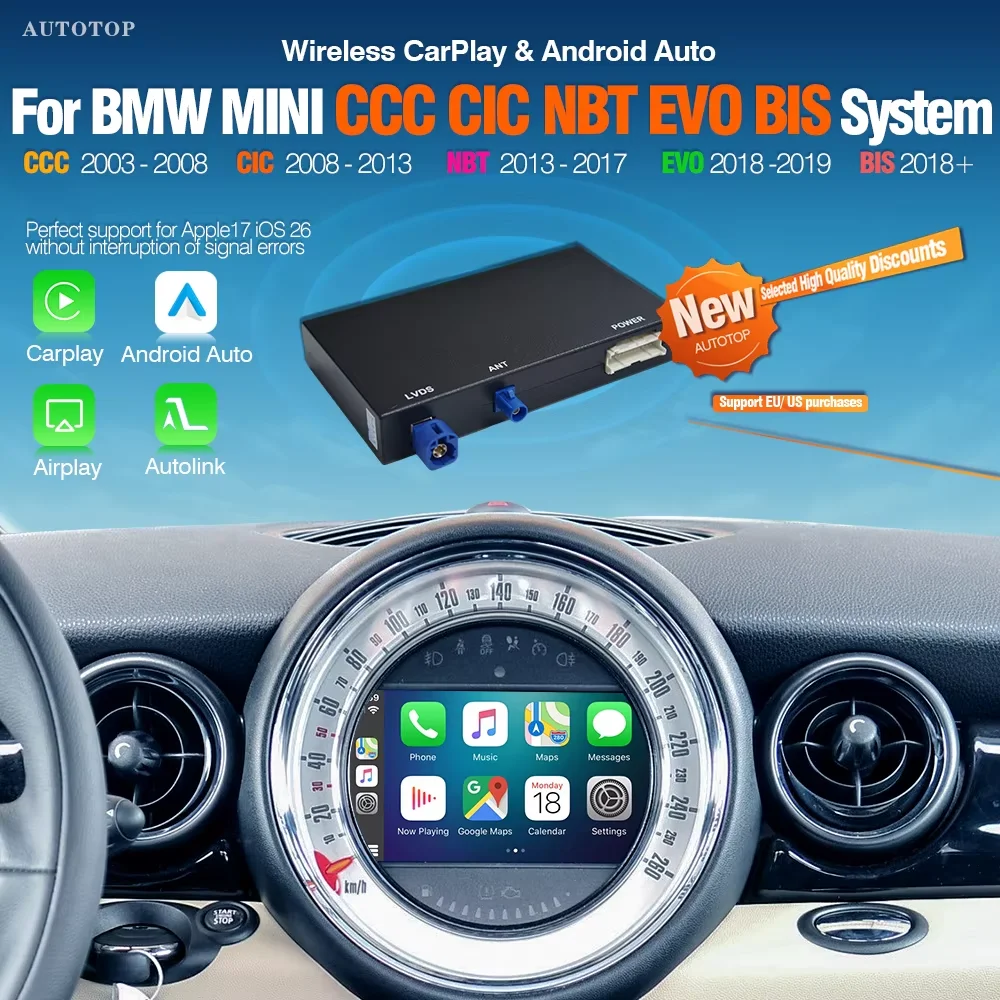 Interface de rétrofit sans fil AUTOTOP CarPlay Android Auto pour BMW Série 3 5 F30 F10 E90 E60 F20 F36 MINI F56 R56 2003-2020, système CCC CIC NBT EVO, boîtier intelligent, Airplay MirrorLink WiFi Bluetooth GPS Navigation pour écran OEM 6,5" 8,8" 10,25"