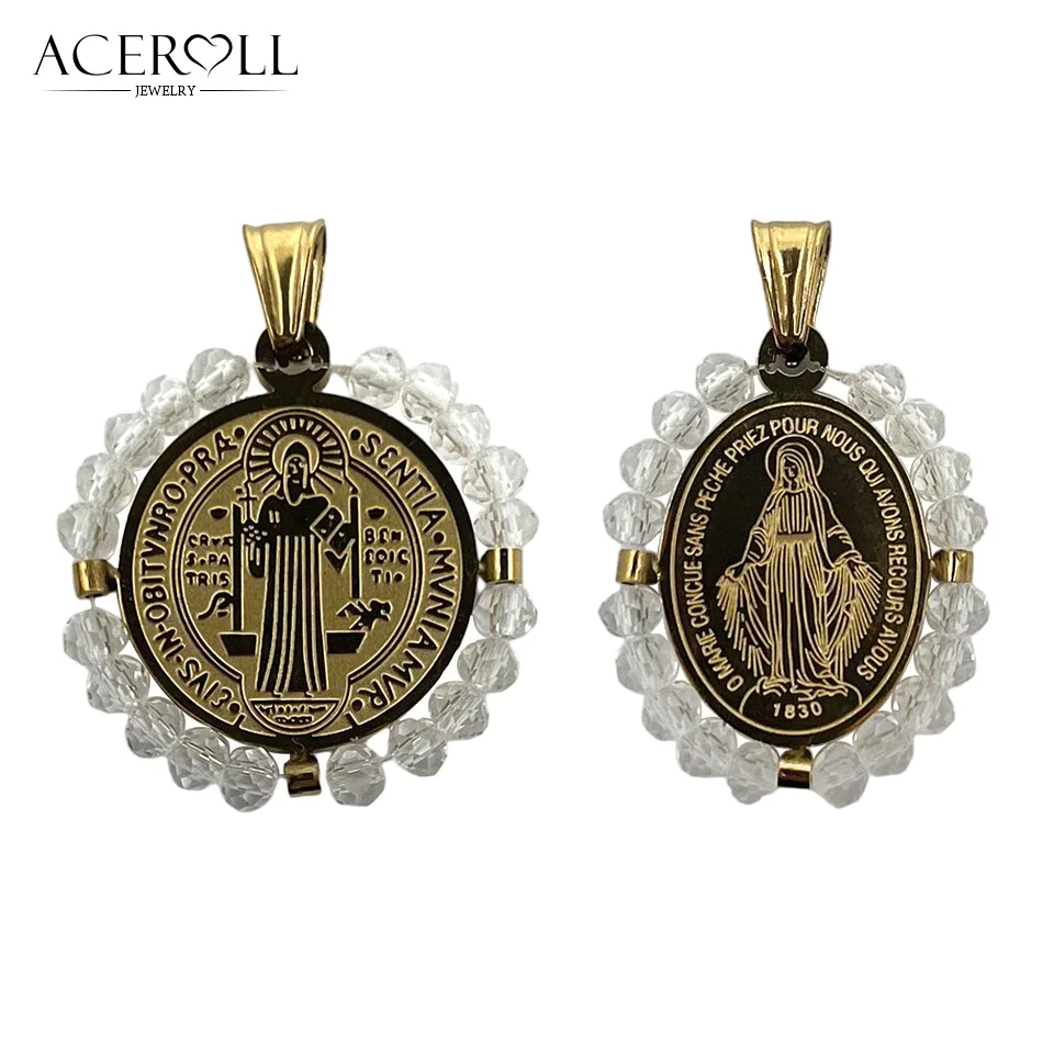 ACEROLL Stainless Steel Pendant of Miraculous Medal and Saint Benedict With Crystals