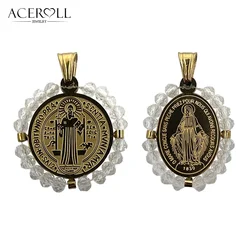 ACEROLL Stainless Steel Pendant of Miraculous Medal and Saint Benedict With Crystals