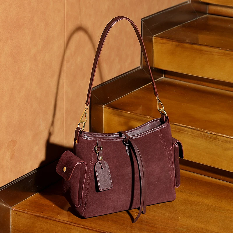 

HIFASHION Genuine Suede Leather Crossbody Bags Women Casual Large Capacity Tote Multi Pocket Shoulder Purses Daily Use Handbags