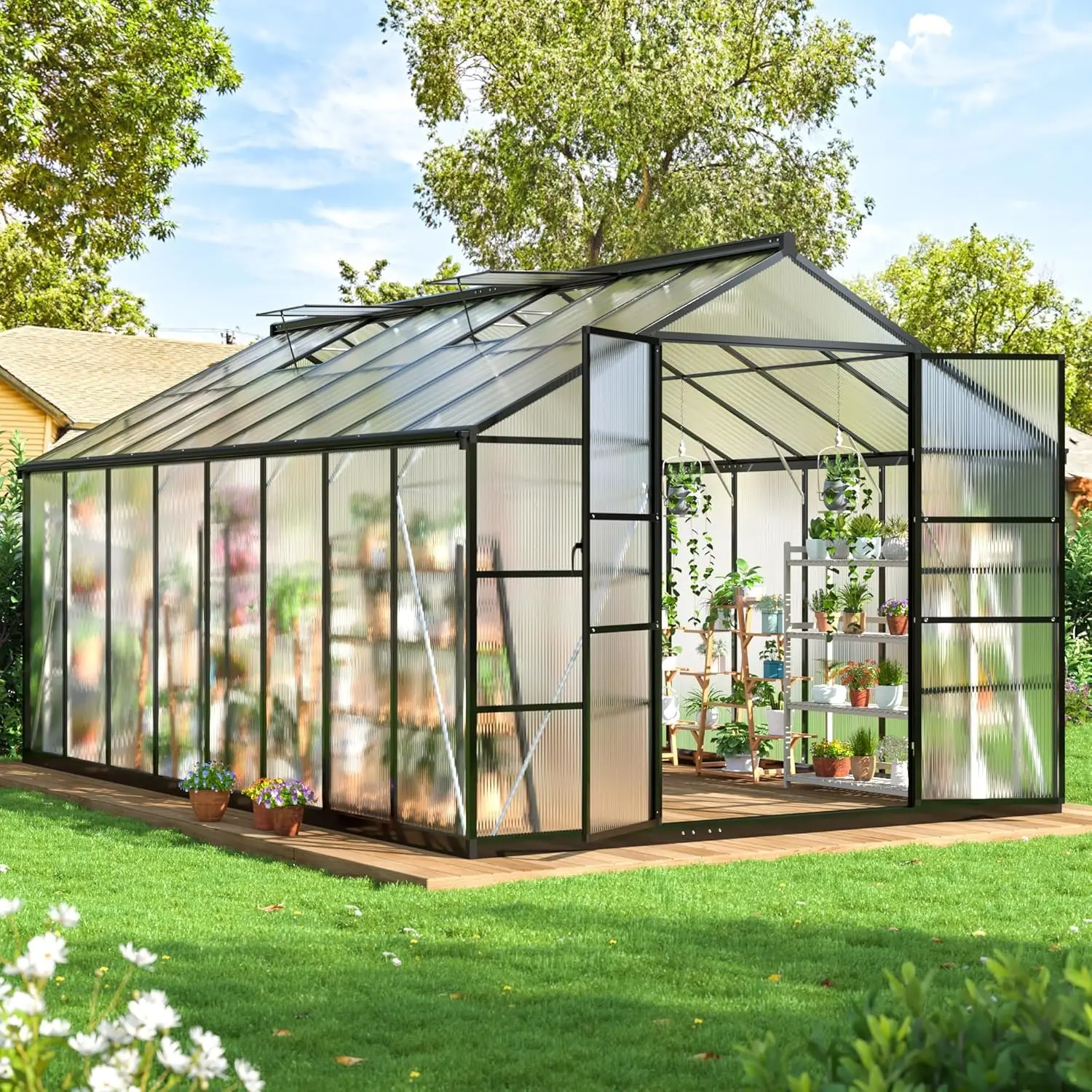 

10x16 FT Greenhouse for Outdoors, Walk-in Polycarbonate Greenhouse with Roof Vent and Quick Setup Structure, Heavy, Customized