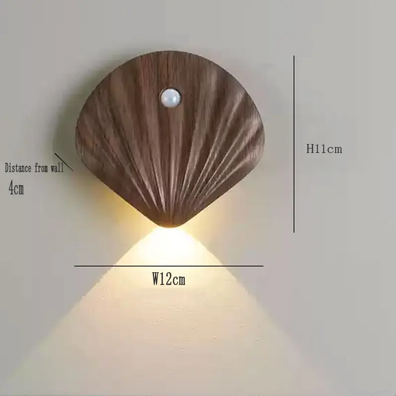 Lampada da parete a induzione umana a LED per armadio da comodino Lampada da parete in legno a forma di conchiglia Decorazione della stanza Luci notturne per scale Sensore di accensione/spegnimento automatico