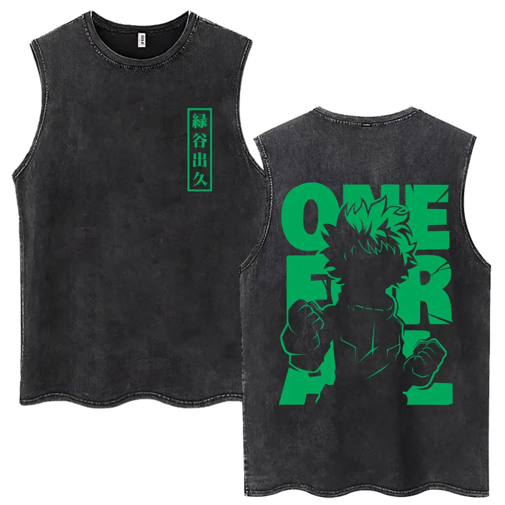 Anime My Hero Academia Midoriya Izuku Washed Tank Tops Men Women Harajuku Sleeveless T Shirts Oversized Casual 100% Cotton Vests