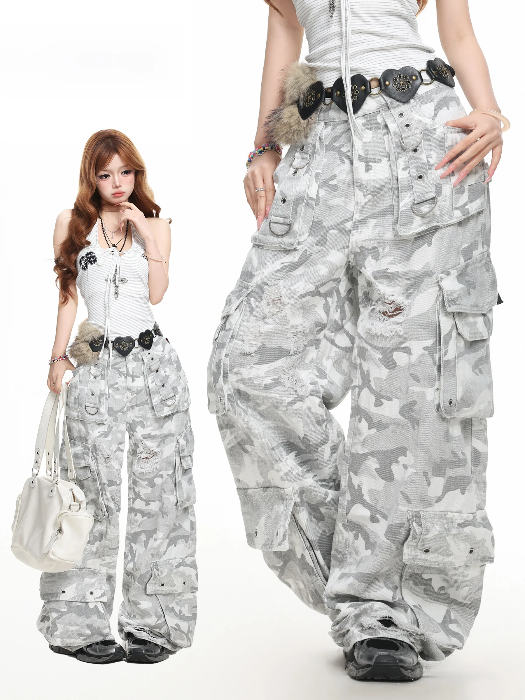 American Style Camouflage Hole Punch Multi-Pocket Work Pants Women Loose Straight Leg Wide Leg Casual Pants Breathable Summer...