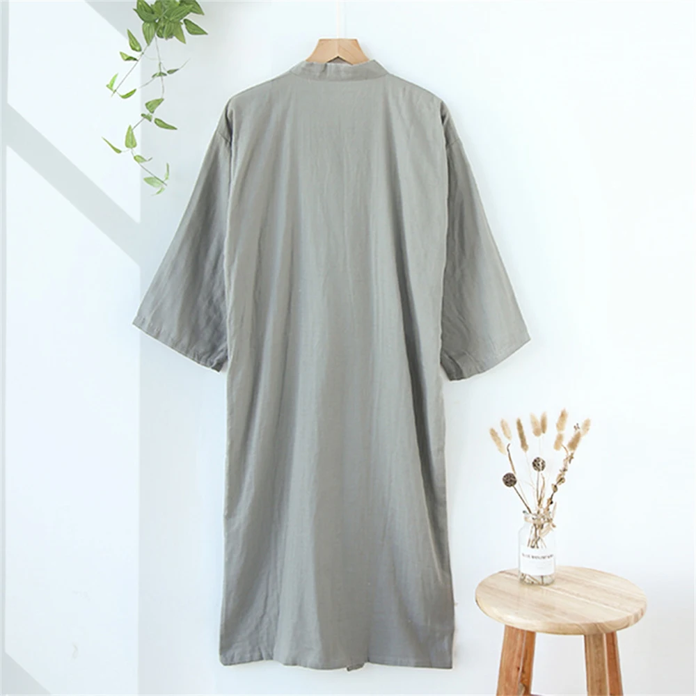 Japanese Style Kimono Bathrobe Men Breathable Nightgown Sleepwear Summer Cotton Lace-up Robe Loose Casual V-neck Pajama Homewear