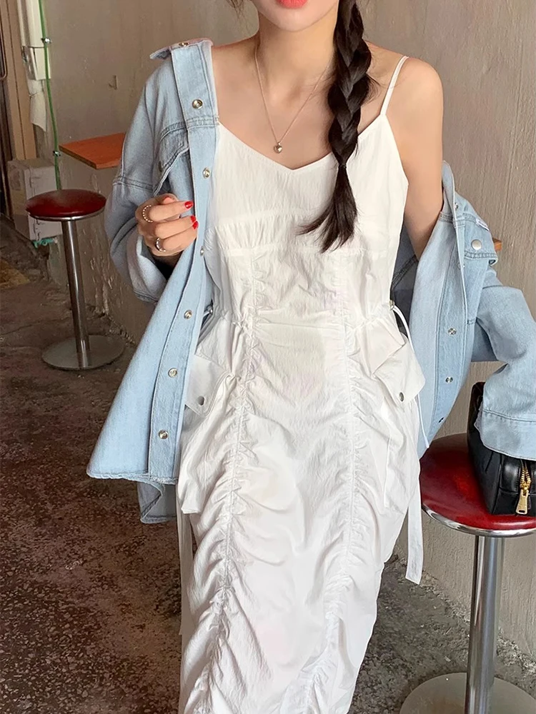 

Ele Summer Vintage Pleated Asymmetrical Long Belted Slimming Strap Dr Women's Faion Silk Cotton Gown without Sves