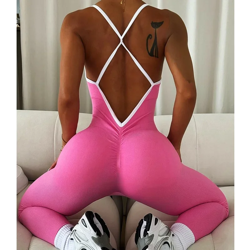 Cloud Rise Girls Pink Sports Jumpsuit Running One Piece Bodysuit Workout Rompers Women Overalls Sportswear Gym Fitness Yoga Suit