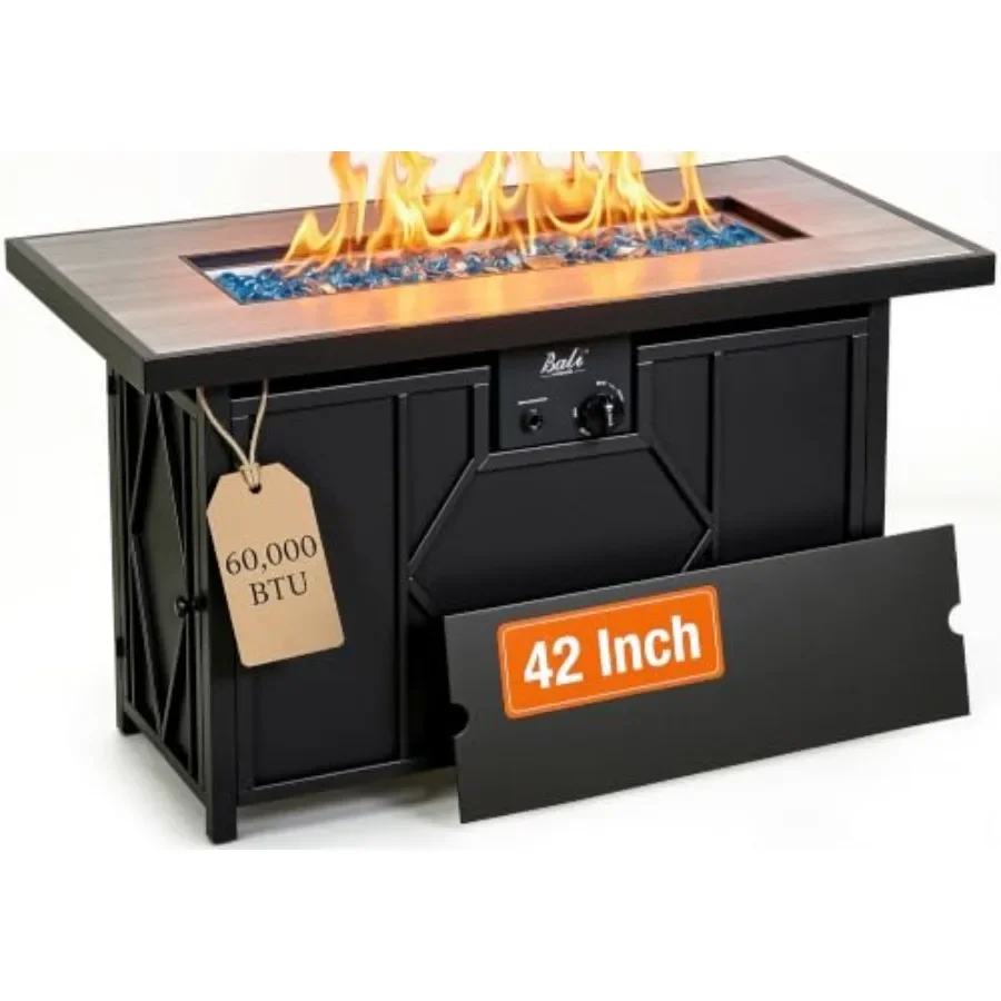 42 inch Propane Fire Pit Patio Outdoor Fire Pit Table Large Rectangular Stainless Steel Black Weather-Resistant with Adjustable