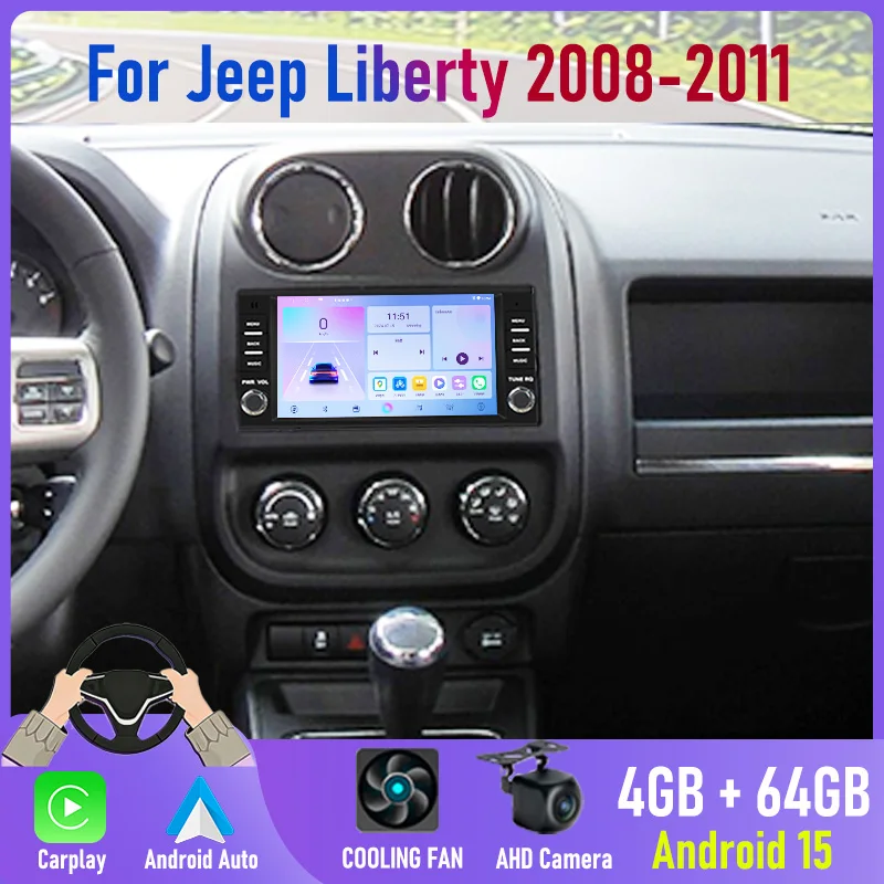 7'' For Jeep Liberty 2008-2011 2DIN Android 15 Car Radio Carplay GPS Nav Bluetooth FM Rear Cam SUV Interior Kit Dash Mount