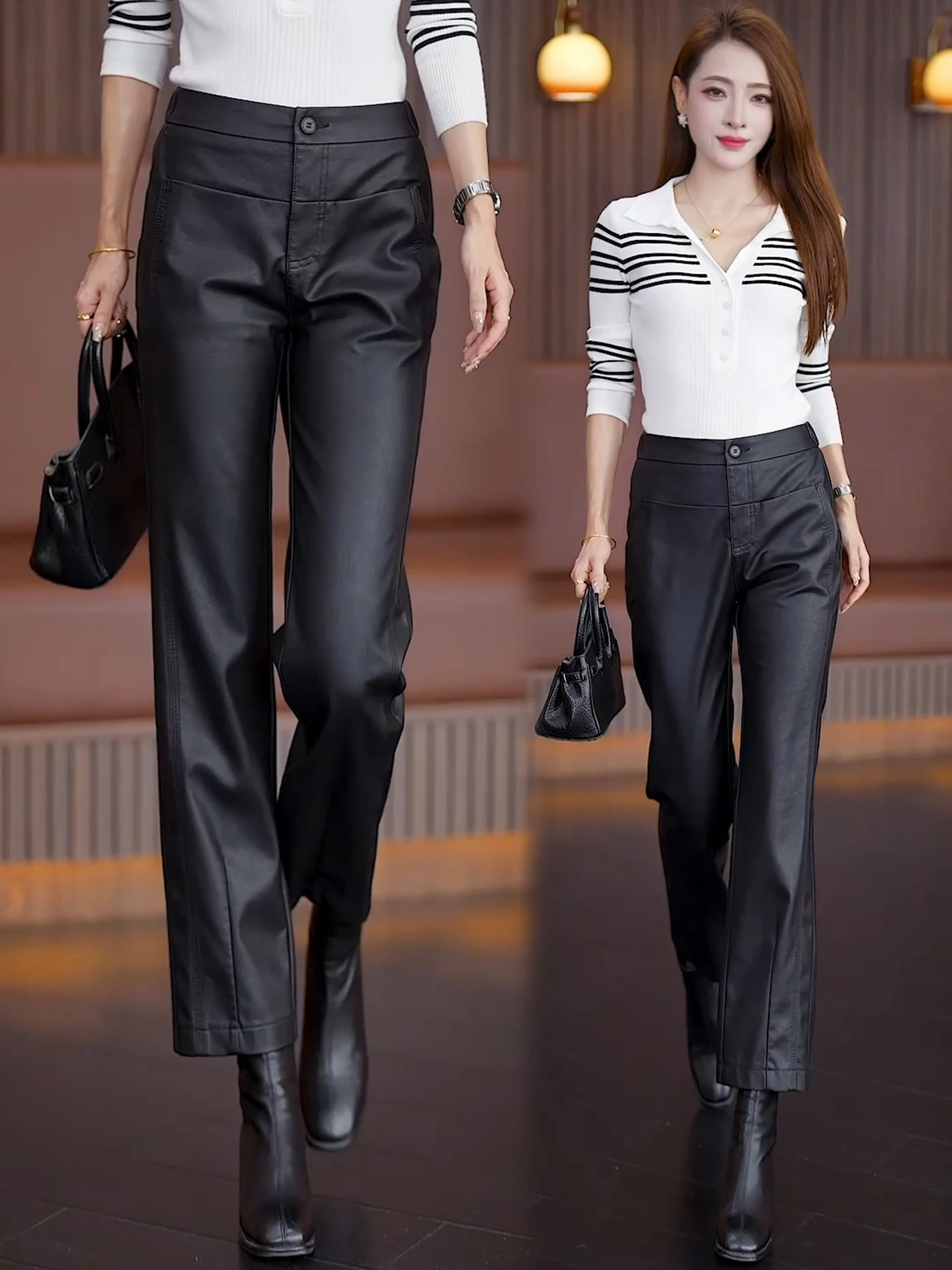 

Женские брюки из искусственной кожи с высокой талией, прямые, осенне-зимние, модные, утягивающие, укороченные, фасона «сигареты», повседневные