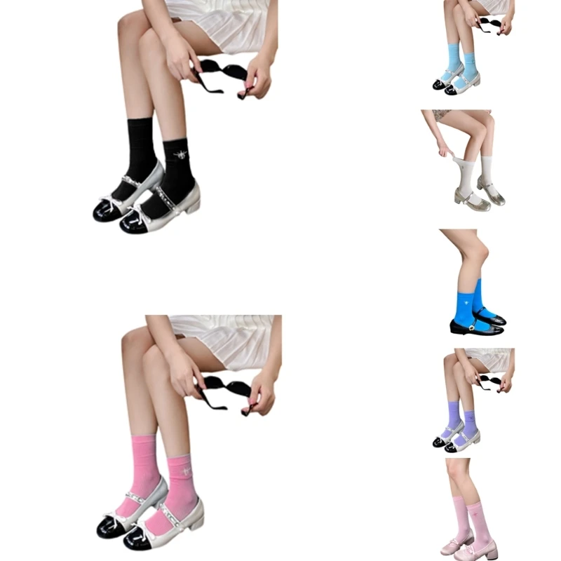 Women Harajuku Embroidery Cotton Middle Calf Socks Candy Colored Skateboard Sock