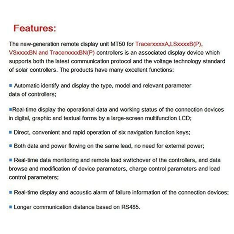 MT50 Remote Display For Tracer-AN Tracer-BN TRIRON XTRA Series MPPT Solar Controller And VS-BN PWM EPSOLAR
