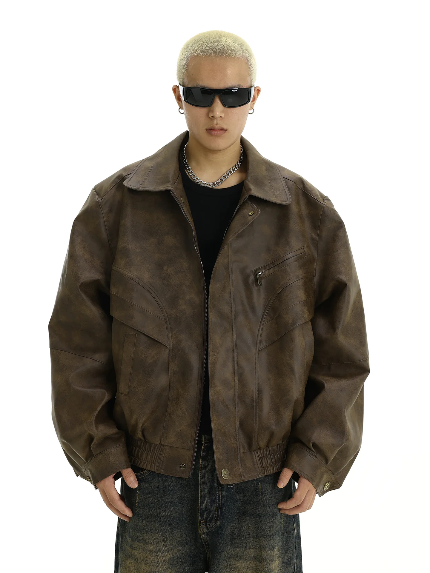 Retro brown distressed leather jacket, men\'s trendy and handsome design, niche couple casual lapel jacket