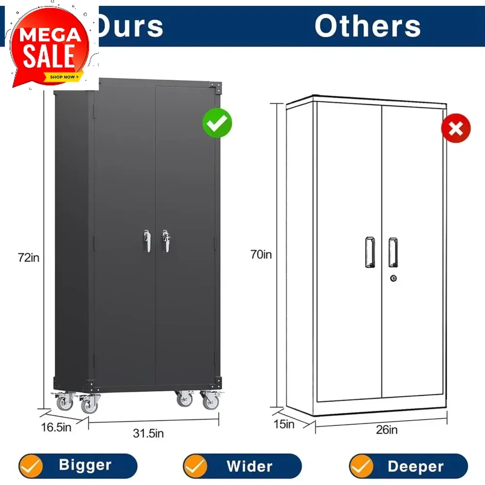 

Хит продаж: Металлический шкаф для хранения в гараже с колесами и перфорированной панелью, 72 дюйма (183 см) высотой, с дверцами и 4 регулируемыми полками