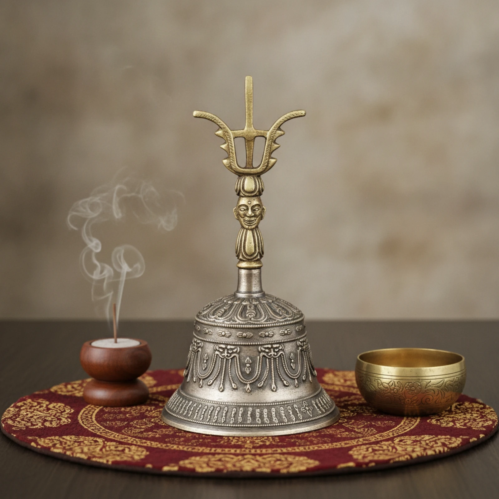 Cloche rituelle en bronze gravée avec marteau, décorative et durable, pour bouddhistes, autels et méditation