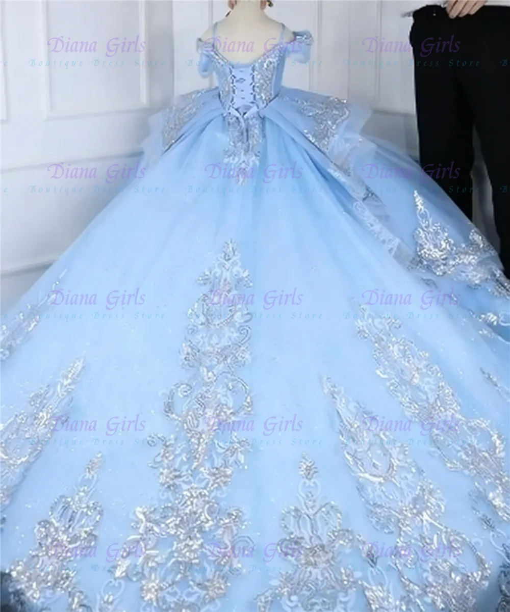 Quality Gorgeous Sky Blue Tulle Fluffy Flower Girl Dress Appliques for Wedding Birthday Party Evening Ball Customised Gowns