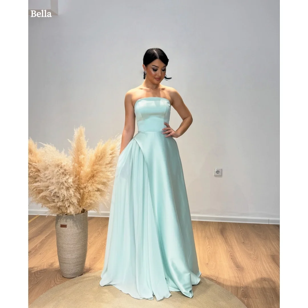 

Bella Customized Cyan A-line Satin robes de soirée Strapless Backless Sleeveless Party Dresses Floor-Length Pleats Prom Dress