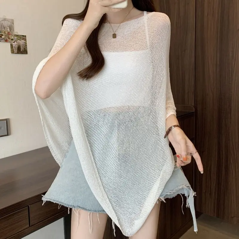 Fashion Summer New Irregular Cape Shawl Women Loose Thin Ice Silk Knitted Top Sun Protection Sunscreen Air Conditioning Clothes