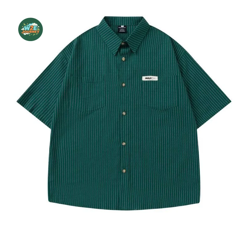 

W2EJOURNEY Высокое качество, размер ЕС, США, мужские летние полосатые рубашки на пуговицах с коротким рукавом, винтажные уличные повседневные рубашки с карманом