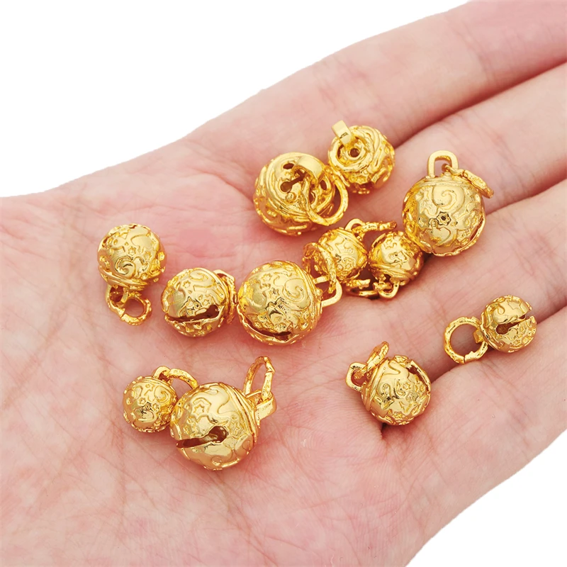 8/10/12mm 18K Gold Plated Copper Jingle Bell Charm Pendant Pet Hanging Bead for Necklace Bracelet DIY Craft Jewelry Making