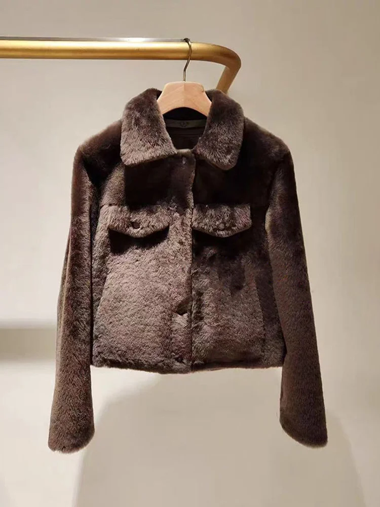 

Повседневная женская кожаная куртка с отстегивающимся меховым воротником кофейного цвета, теплая, универсальная, укороченная, на пуговицах, из полиэфирного волокна