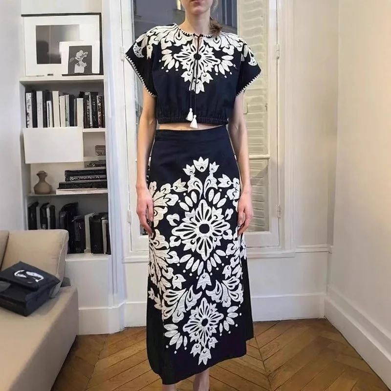 

Retro Embroidered Patchwork round Ne Dstring Top with A-Line Skirt Cotton Vintage Sle Women's Summer irt