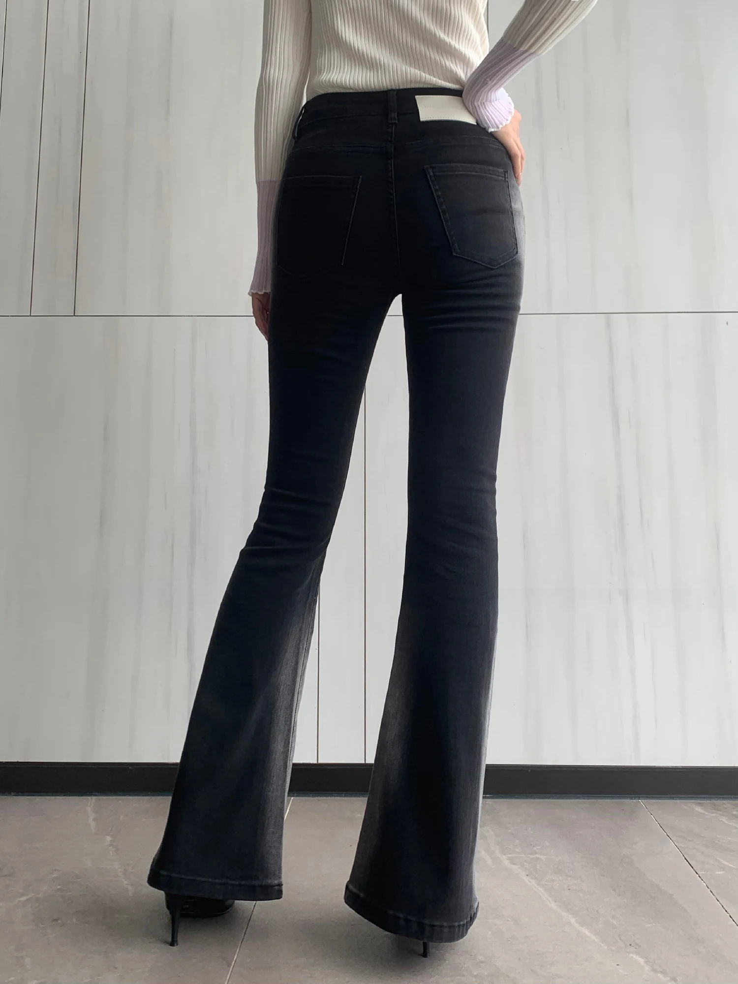 FASHION SPICY GIRL SLIM JEANS FOR WOMEN OFFICE LADY HIGH-WAISTED WASHED GRADATION BLACK GRAY FLARE PANTS - FORGUNROSES