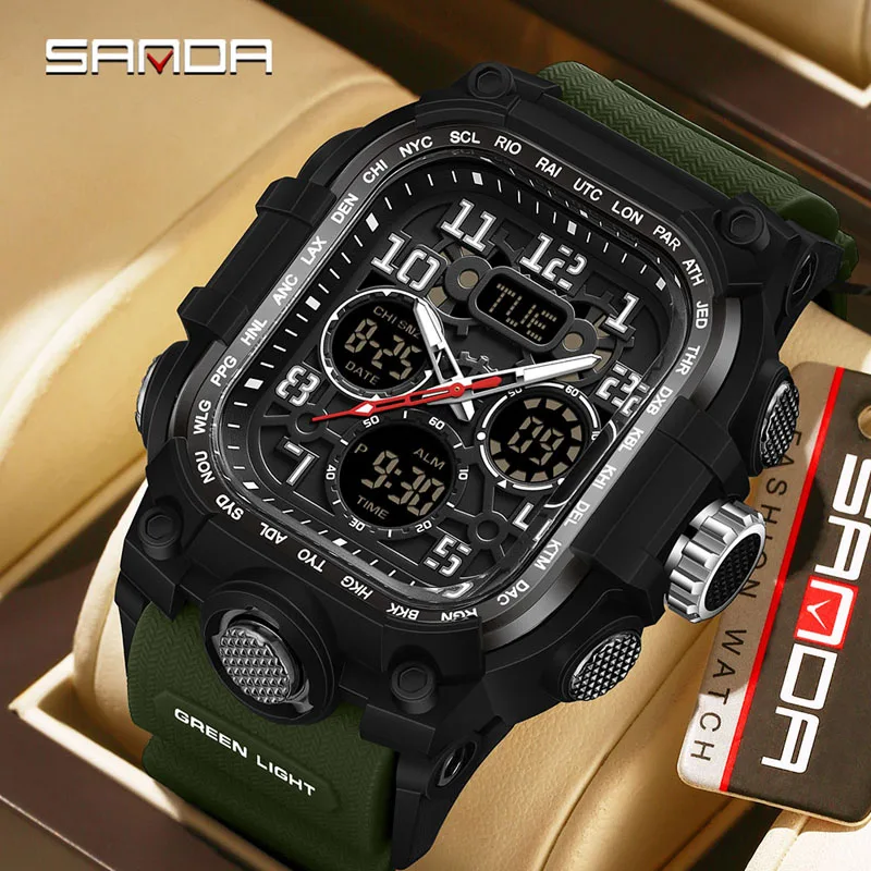 SANDA Men's Waterproof Watch Sports Electronic Luxury LED Display Luminous Watches Quartz Alarm Military Date Male Wristwatch