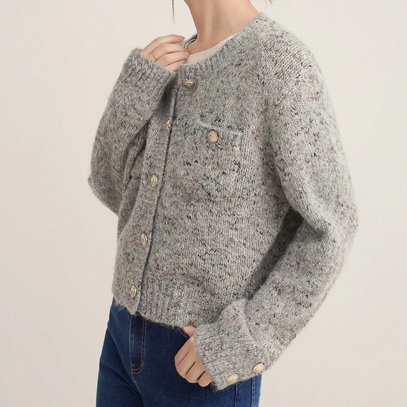 ฤดูใบไม้ร่วงสีเทาถักเสื้อสเวตเตอร์ถักผู้หญิง O-คอยาวแขนยาว Elegant Solid Office เสื้อกันหนาวปุ่มกระเป๋าเสื้อลําลองฤดูหนาว