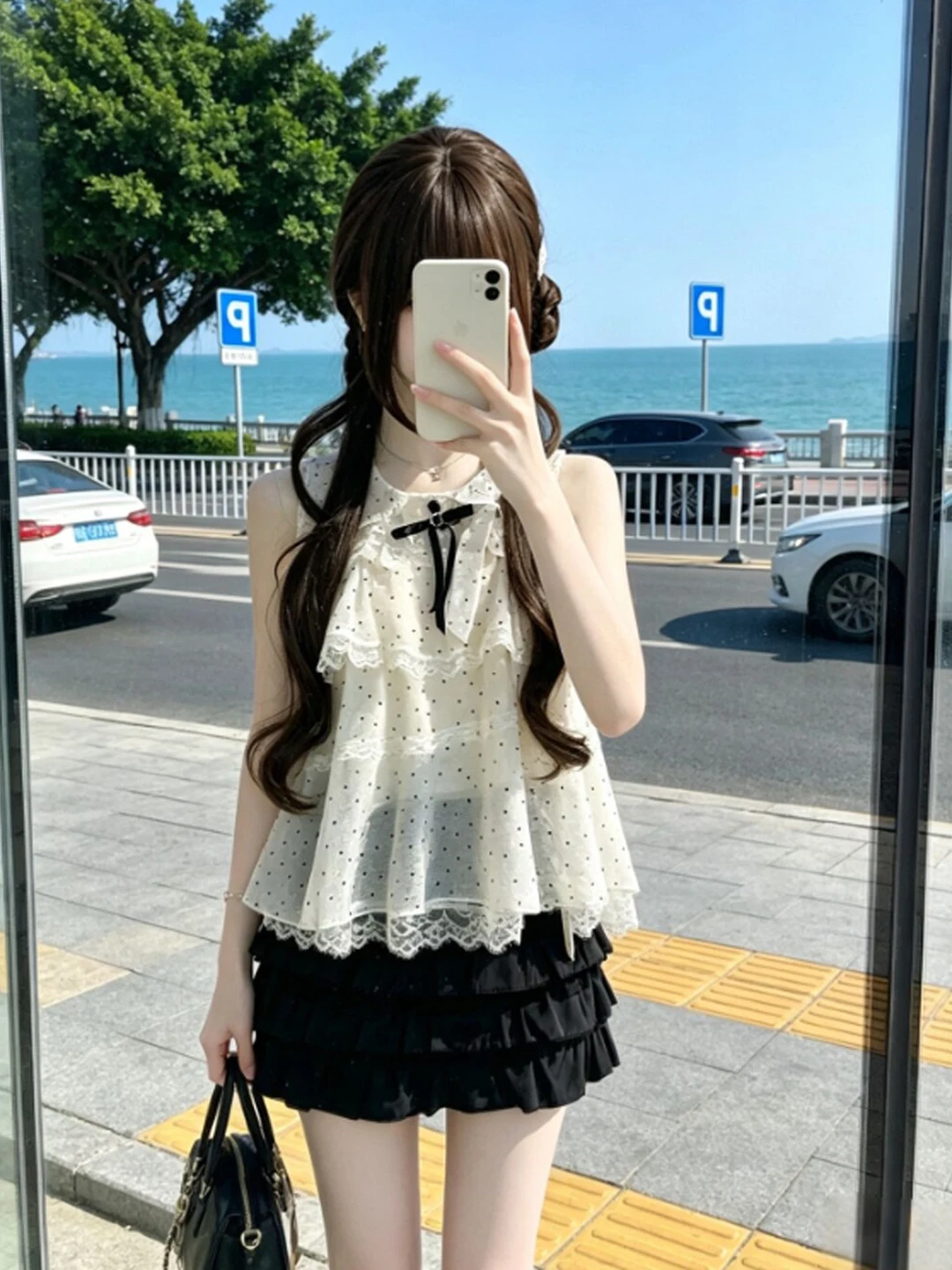 

Summer Gentle Style Women's Top Skirt Two-Piece Set Short Sleeve round Neck High Waist Comfortable Cotton Casual Outfit