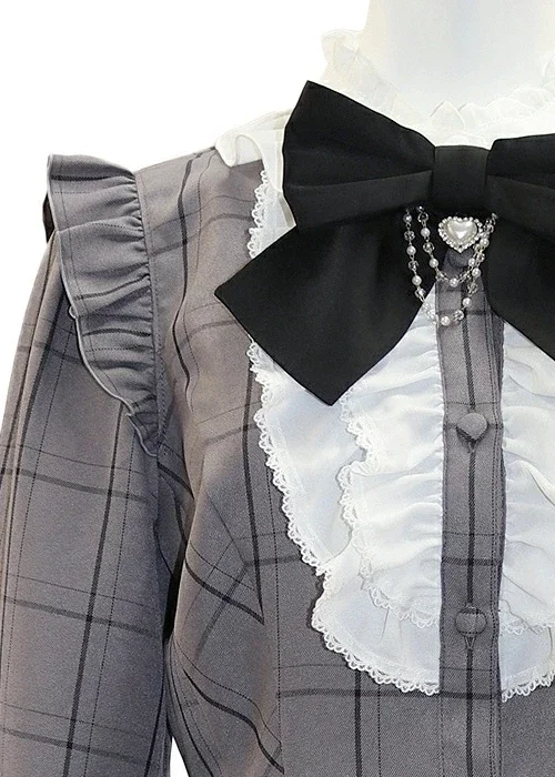 SC Suit Women Japanese Mine Retro Plaid Love Heart Bow Tie Chain Mass-Produced Long Sleeve Dress Shorts Set Autumn New Culottes