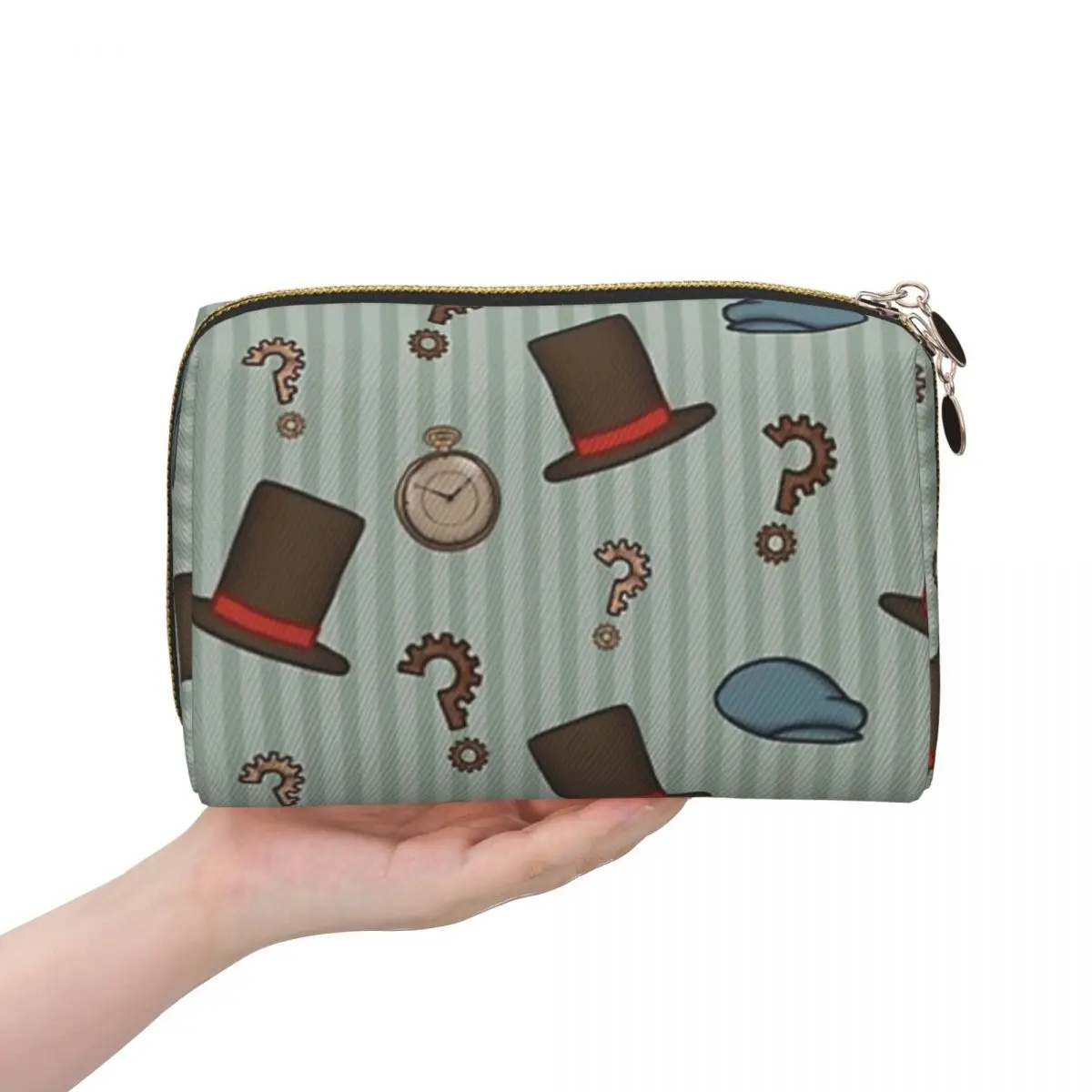 Professor Layton Repeated Pattern (Green) Women Cosmetic Bags Travel Makeup Organizer Pouch Toiletry Storage Dopp Kit Box