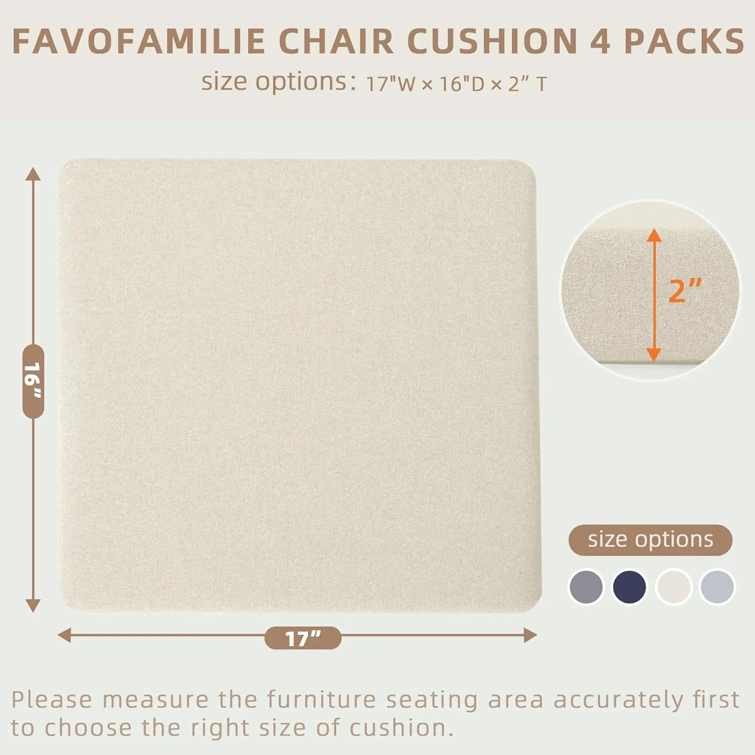 Um conjunto de 4 almofadas de assento para exterior, impermeáveis e resistentes ao desbotamento, 17 polegadas de largura x 16 polegadas de profundidade x 2 polegadas, bege