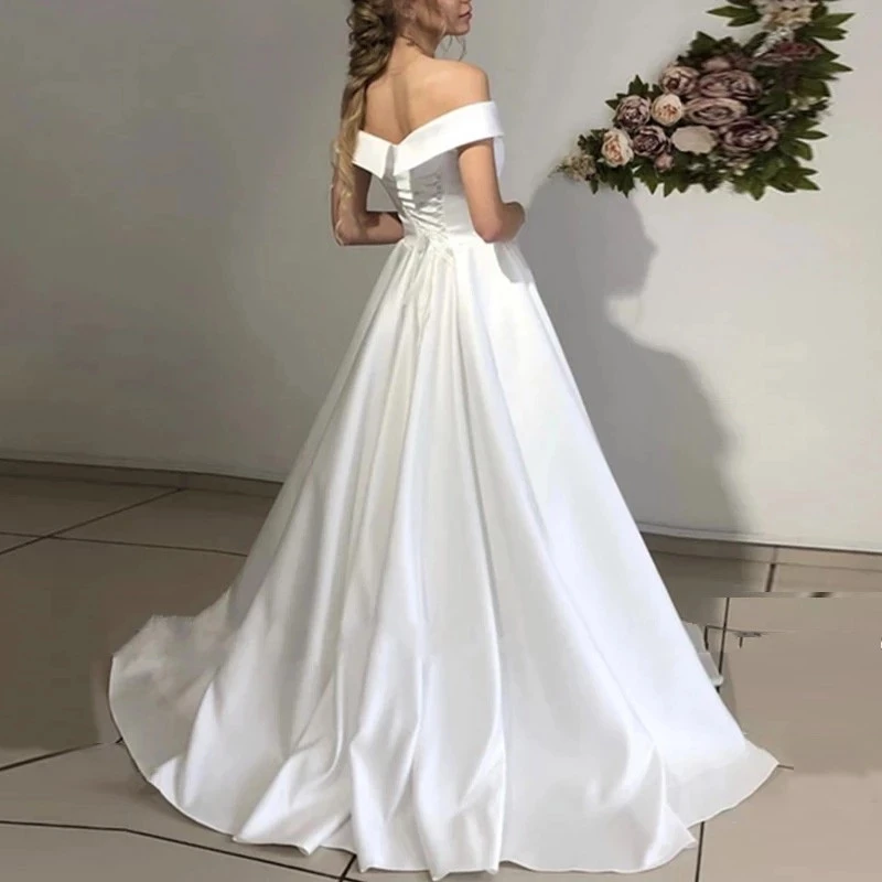 Customized Ball Gown Wedding Dresses Vestido De Noiva Sexy Off-Shoulder Court Train Simple Design Satin Formal Bride Dress