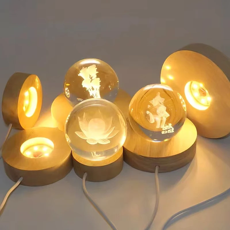 5/6/8/10CM LED Desktop Decorative Wooden Round Lamp Holder DIY Birthday Gift Night Light Crystal Lamp Luminous Base USB Power