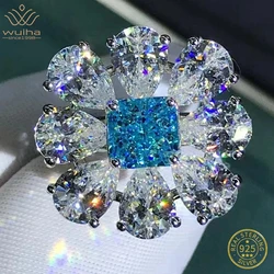 WUIHA Real 925 Sterling Silver Platinum Plated Crushed Ice Radiant Cut 6CT Aquamarine Flower Ring for Women Gift Drop Shipping