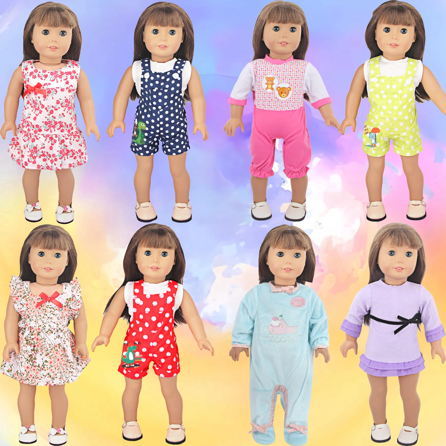 Cute Flower Doll Dress For 18-inch American Dinosaur Lamb Bear Rompers Jumpsuits Clothes Set For 43cm Baby Newborn & OG Doll Toy