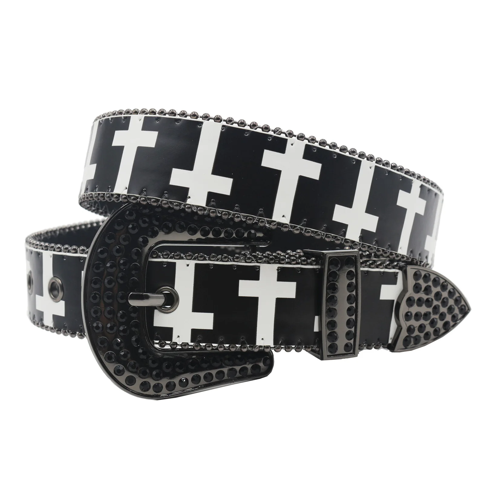 

Cross Pattern Shiny Rhinestone Belt Western Cowboy Y2K Studded Design Punk Hip Hop Belt, Artificial Diamond Belt Strap For Jeans