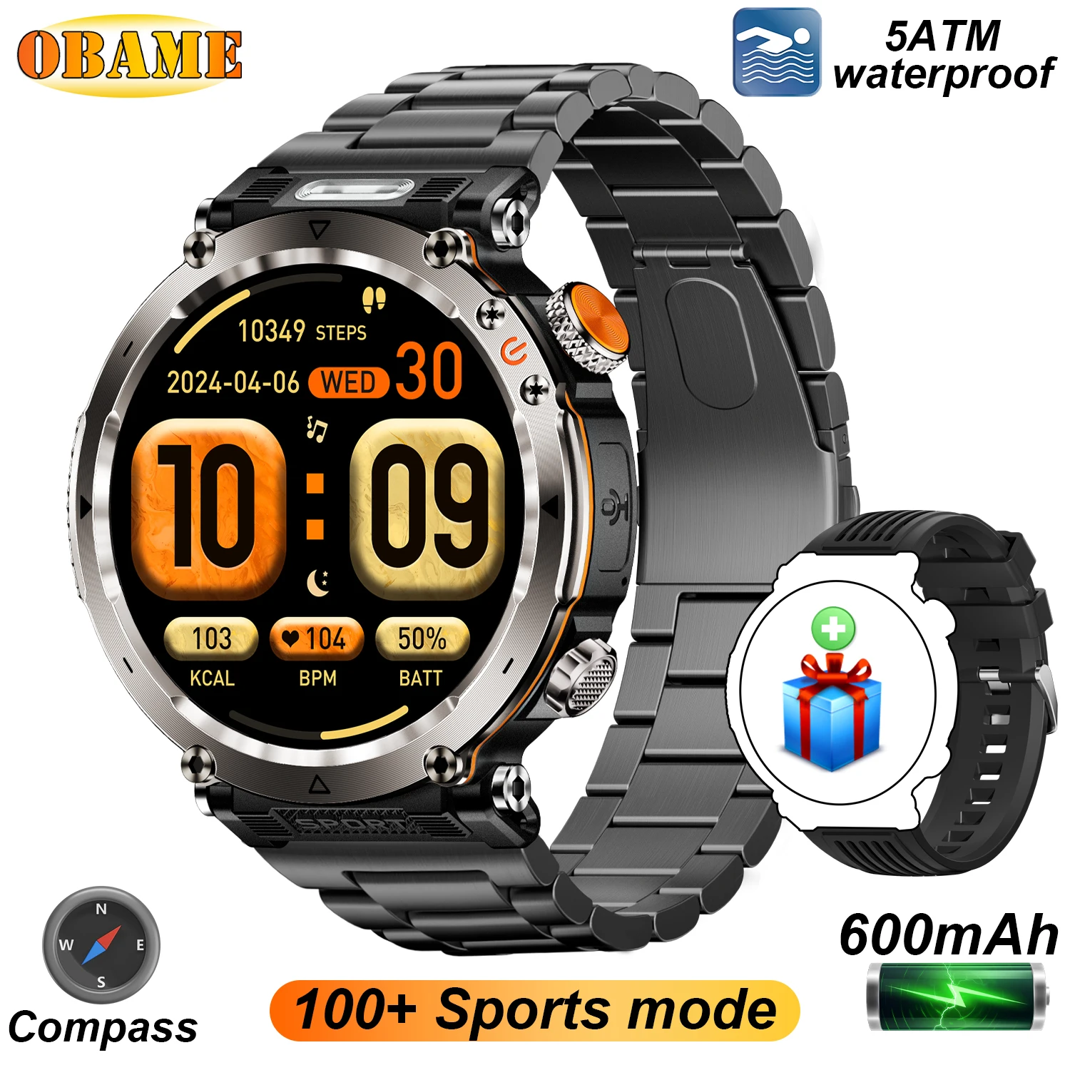 5ATM Outdoor Smart Watch Men 600mAh LED Flashlight SmartWatch Compass Bluetooth call Heart rate IP 68 Sports Smartwatch 2025 New
