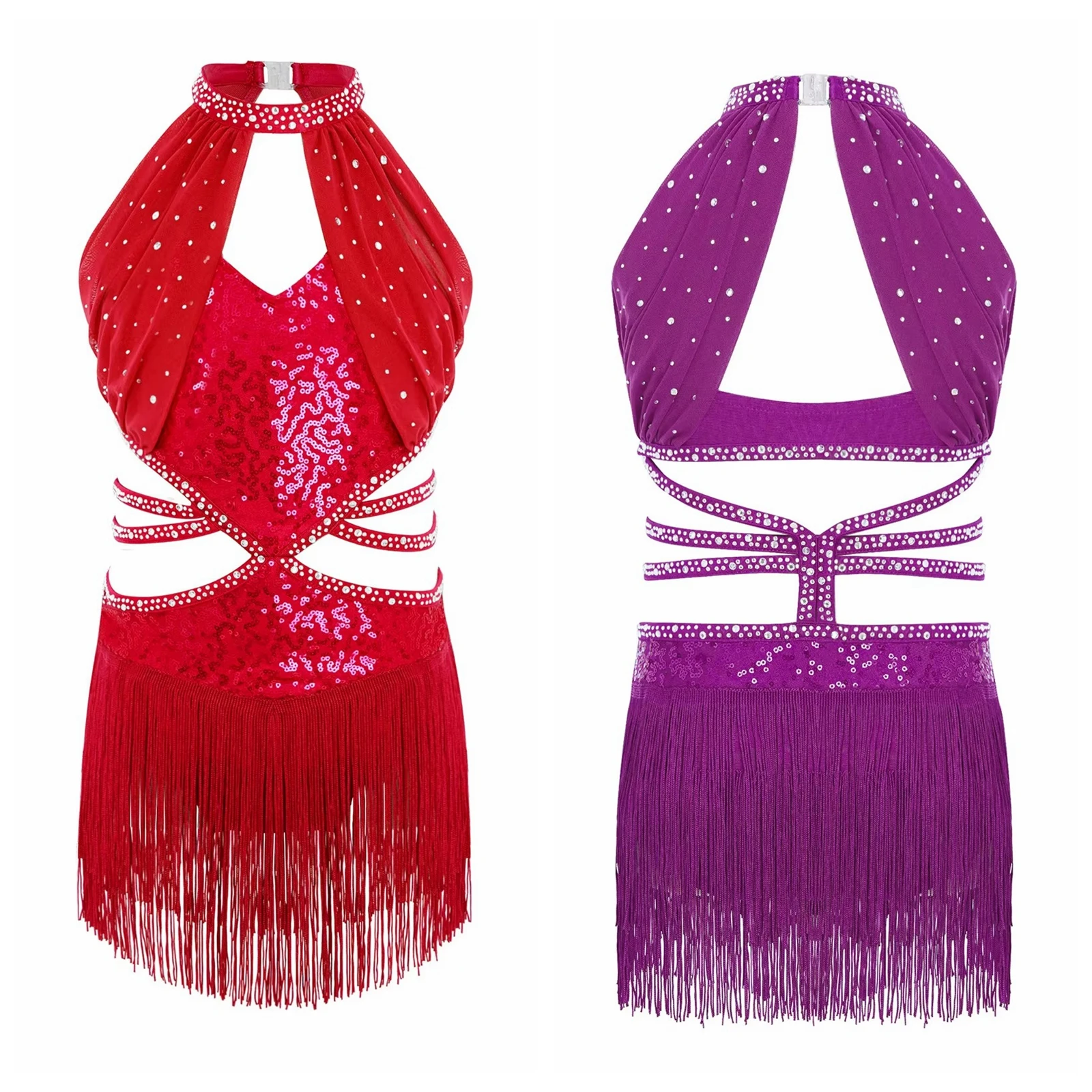 Girls Samba Salsa Jazz Tango Dancewear Kids Latin Dance Dress Sleeveless Mesh Overlay Cutout Tassel Sequin Cha-cha Leotard Dress - view 3