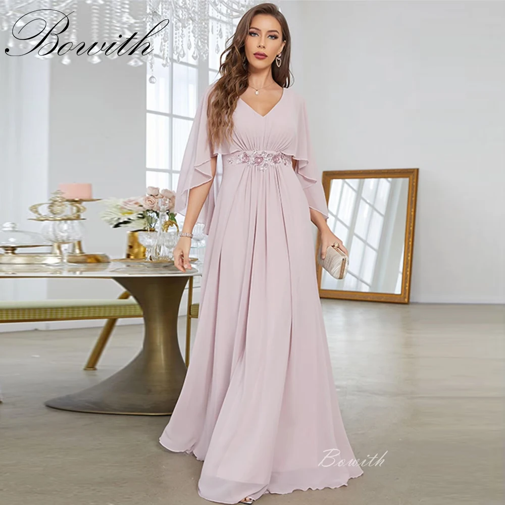 

Bowith Chiffon Mother of Bride Dresses V-Neck Floral Appliques A line Cape Sleeves Evening Dresses for Women Customized
