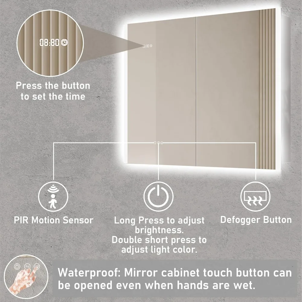 Inch Badkamer Medicijnkastje Met Led Spiegel, Pir Bewegingssensor, Anti-Fog 3 Kleur Licht & Helderheid Aanpassing Oppervlak