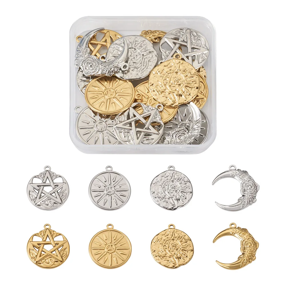 

16Pcs/Box Flat Round 304 Stainless Steel Pendants Moon Sun Star Charms for Necklace Earrings Bracelet Jewelry Making Accessories