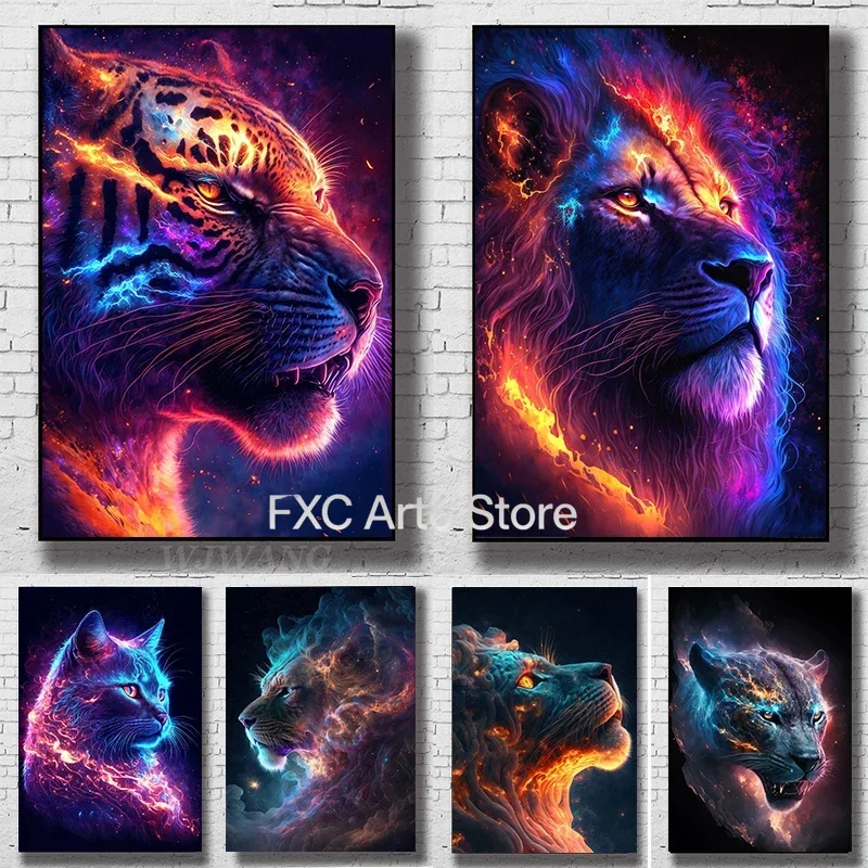 1PC frameless Tiger Lion In Space Nebula Canvas Painting Fun Animal Art Posters and Prints Wall Art Pictures for Modern Living R