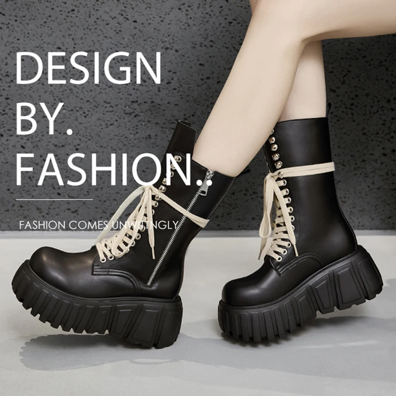 

Women's Luxury Boots Autumn and Winter New Mid-calf Boots Increased 8CM Comfortable Boots Trendy Black Thick-soled Leather Boots