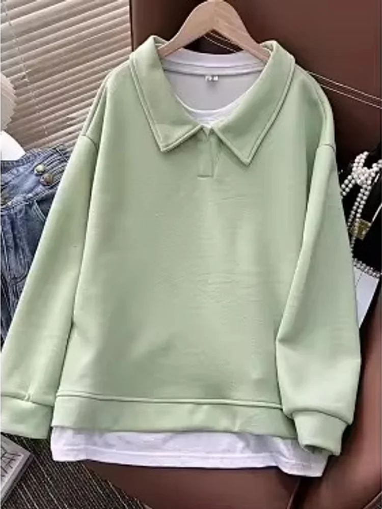 Fake Two Piece Collar Sweatshirt Women Spring Autumn Plus Size Loose Mid Length Casual Tops
