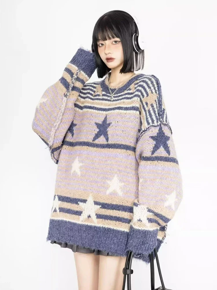 HOUZHOU Y2K Star Sweater Women Harajuku Striped Knitted Pullovers Jumpers Female Tops Oversize Purple Green Streetwear Hip Hop