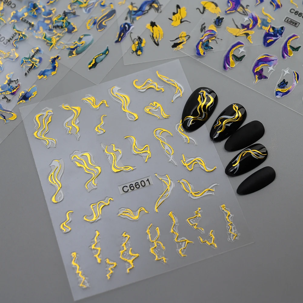 1pc 3D Marble Blue Gold Nail Sticker Wave Line Geometry Abstract Ink Blooming Nail Art Sliders Decals For Manicure Decorations