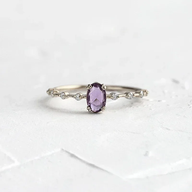 18K Gold Plated Purple Crystal Ring For Women Romantic Engagement Wedding Ring Luxury Fashion Jewelry Gifts 6/7/8size
